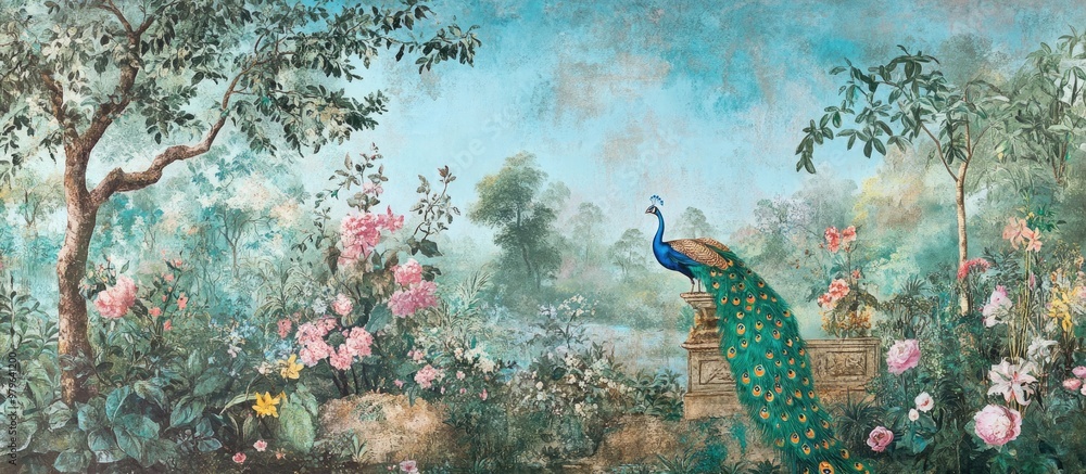 custom made wallpaper toronto digitalVintage mural wallpaper featuring a botanical landscape with a garden forest peacock birds and flower vase illustration