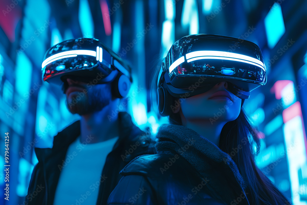 Two individuals wearing futuristic VR headsets in a neon-lit environment. Two individuals wearing futuristic VR headsets in a neon-lit environment.