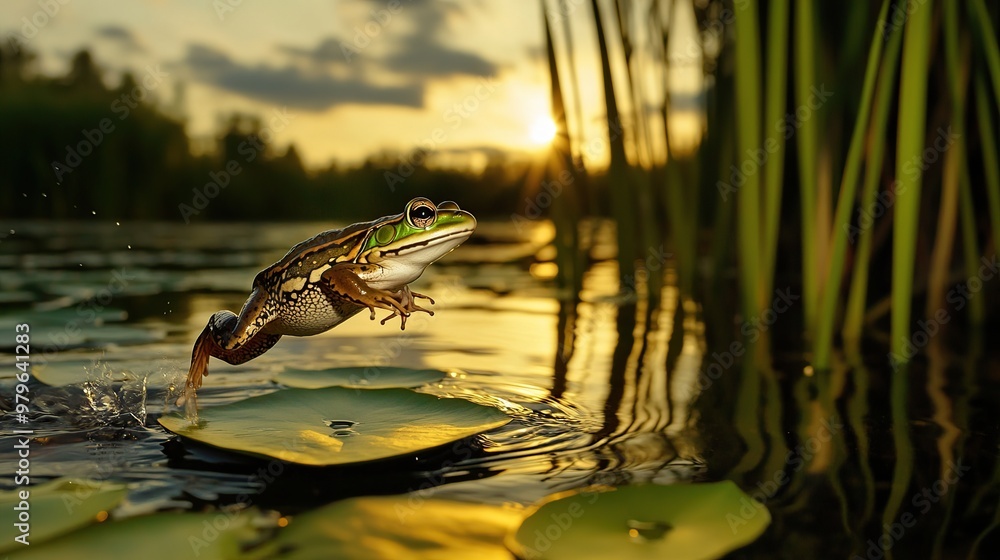 Fototapeta premium A frog leaps over lily pads at sunset, capturing a moment in nature's tranquility.