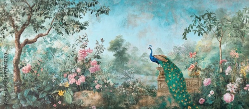 Vintage mural wallpaper featuring a botanical landscape with a garden forest peacock birds and flower vase illustration