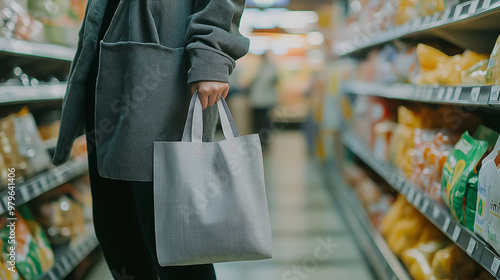 Woman holding reusable shopping bag in supermarket aisle