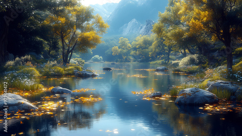 Golden Serenity: A Peaceful River Flowing Through Nature's Embrace