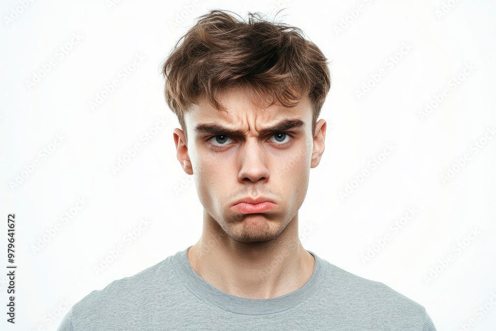 Frustrated young man looking at camera isolated over white background. Studio portrait of male face. A young handsome caucasian man poses for the camera with generative ai Frustrated young man looking at camera isolated over white background. Studio portrait of male face. A young handsome caucasian man poses for the camera with generative ai