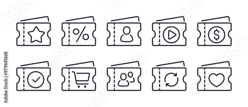 Ticket and coupon editable stroke outline icons set  isolated on white background flat vector illustration. Pixel perfect. 64 x 64