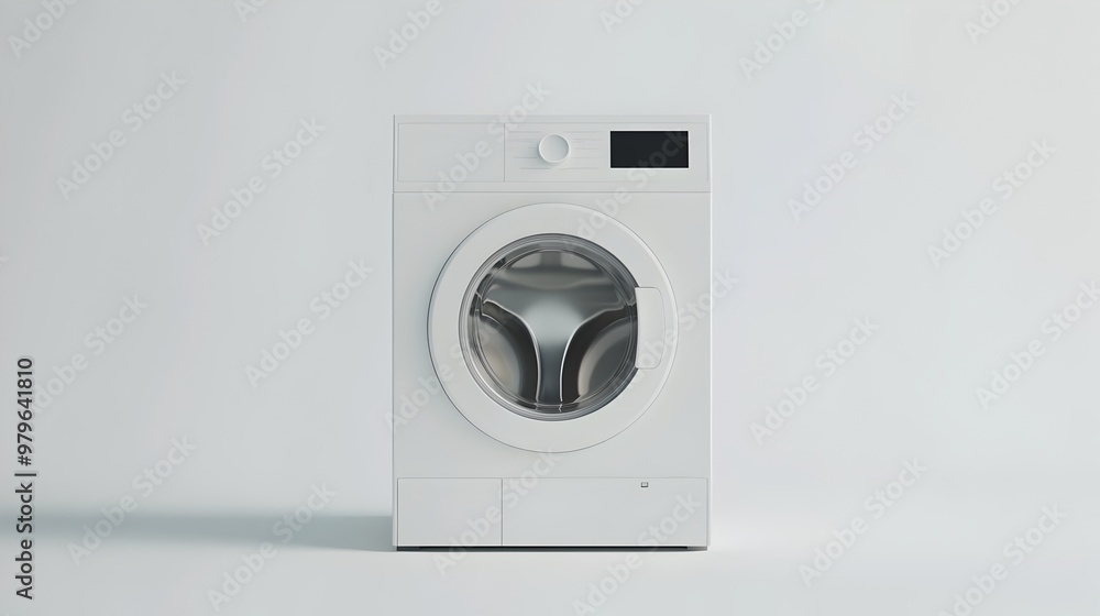 White modern washing machine in a minimalist home setting White modern washing machine in a minimalist home setting