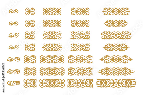 Vector Set of different ornaments in Kazakh style. Traditional decor in the shape of stylized gooseneck. Elements of the national pattern of the ancient nomads of the Kazakhs, Kyrgyz, Mongols