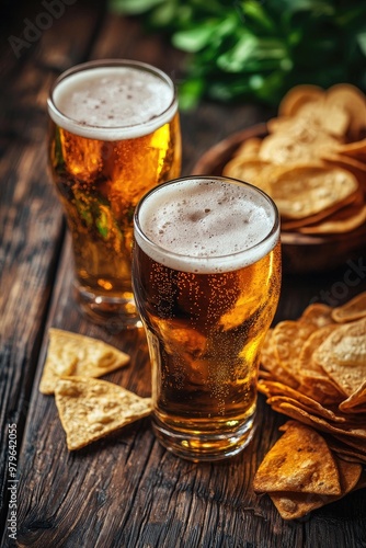 beer and beer snacks on the table. Selective focus