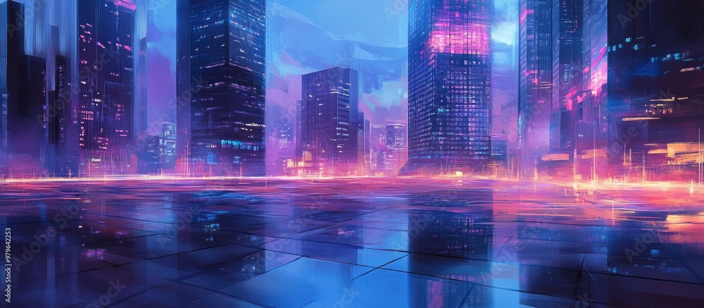 Painting of vacant square floors illuminated by modern buildings at night Painting of vacant square floors illuminated by modern buildings at night