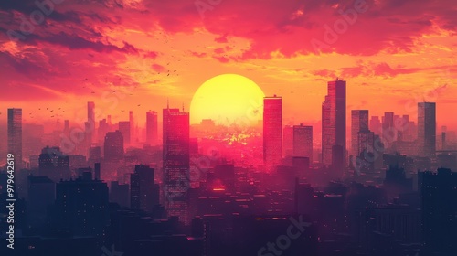 Vibrant Sunset Over a Sprawling Cityscape