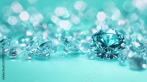 Aquamarine diamonds sparkling on turquoise background with bokeh effect photo