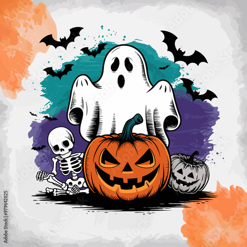 2d vector illustration Halloween t shirt icon design items ghost character Candles in carved pumpkin
