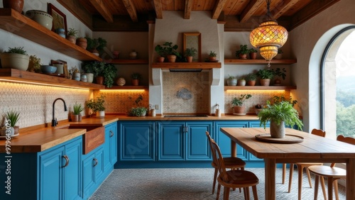 Generative AI, a kitchen with a table and chairs and a potted plant on the counter top and shelves above it, rembrandt lighting, a flemish Baroque, arts and crafts movement