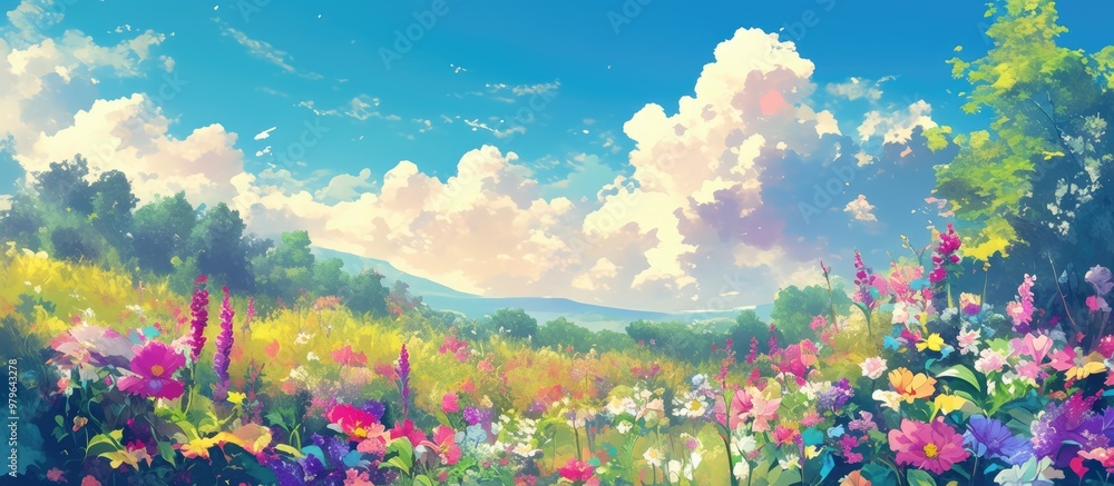 Fototapeta premium Vibrant painting of a blooming garden featuring a diverse array of colorful flowers Lush floral beds create a lively outdoor summer atmosphere with abundant blooms