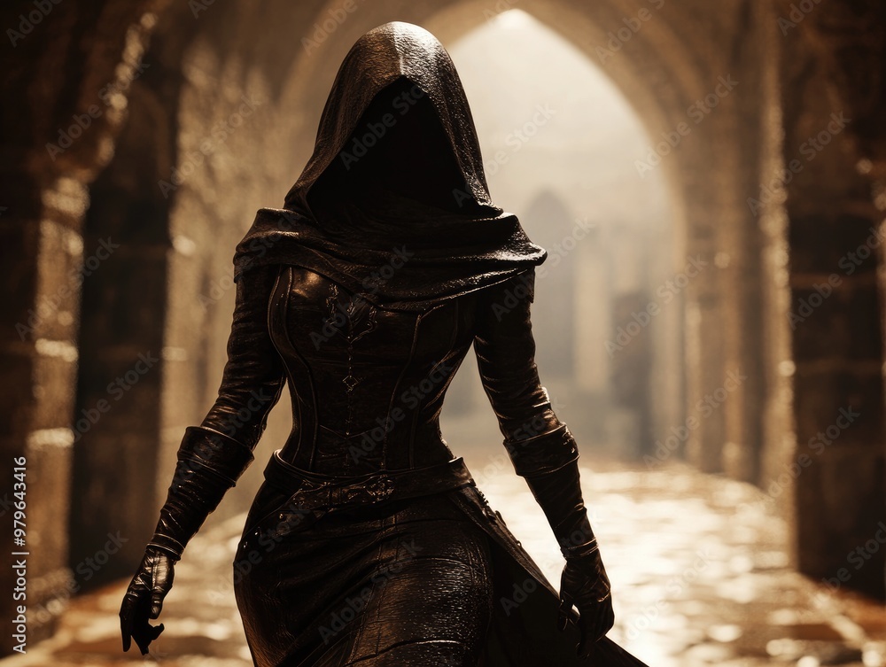 Naklejka premium Stealthy female assassin moves silently through shadows closing in on her target 3D fantasy rendering