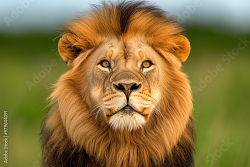 A dramatic portrait of a lion, its mane flowing in the wind and eyes filled with intensity