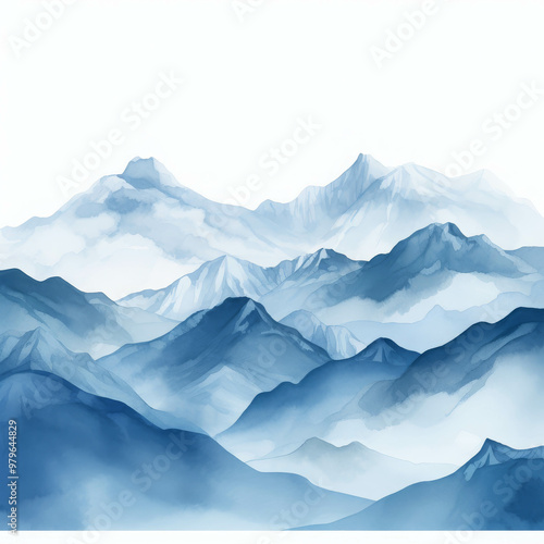 Wallpaper Mural Serene Mountain Landscape: A tranquil and ethereal vista of majestic mountains bathed in a soft, blue light, with wispy clouds floating across the sky. The scene evokes a sense of peace and tranquilit Torontodigital.ca