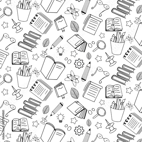 Book and stationary education symbol vector illustration book store ewading club learning library wallpaper texture concept design doodle sketch style