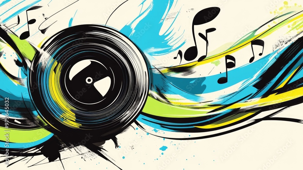 Obraz premium Vibrant and whimsical illustration of a colorful music record with notes Features bold black blue and green hues on a white backdrop Ideal for T shirt and poster designs