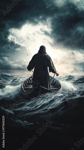 Jesus standing at the helm of a ship in a stormy sea, symbolizing leadership and faith through hardship photo