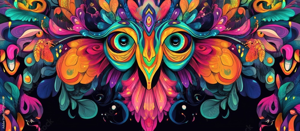 Symmetrical and vibrant surreal background featuring whimsical fantasy elements Symmetrical and vibrant surreal background featuring whimsical fantasy elements