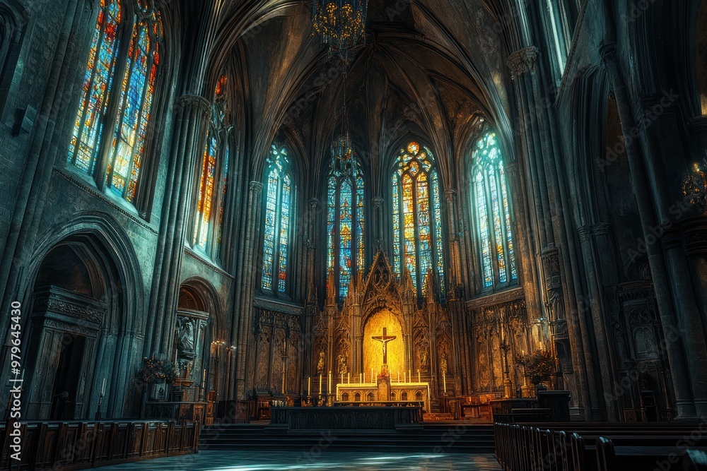 A View of the Interior of a Gothic Cathedral with Stained Glass Windows A View of the Interior of a Gothic Cathedral with Stained Glass Windows