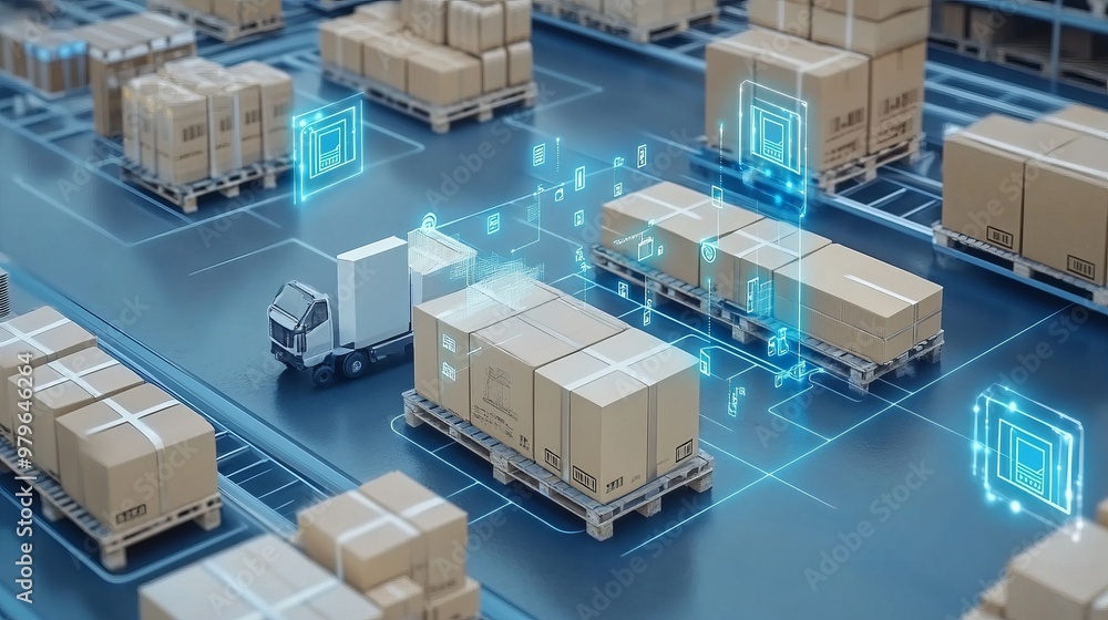 Smart warehouse management system using augmented reality technology to identify package picking and delivery . Future concept of supply chain and logistic business Smart warehouse management system using augmented reality technology to identify package picking and delivery . Future concept of supply chain and logistic business