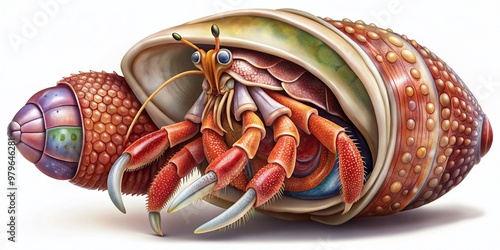 Unique anatomy of a hermit crab's internal organ, revealing a soft, spiral-shaped stomach without a calcified shell, distinct from other crustaceans' digestive systems. photo