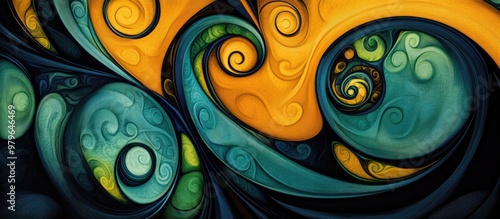 Repeating spiral fractal design digital artwork in a surreal fantasy style featuring yellow blue green and black hues photo