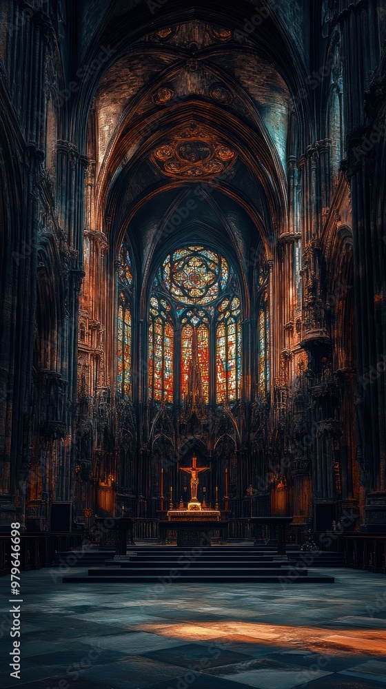 Interior of a Gothic Church with Stained Glass Windows