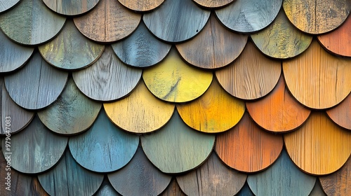 A colorful textured wall made of overlapping circular wooden tiles in various shades.