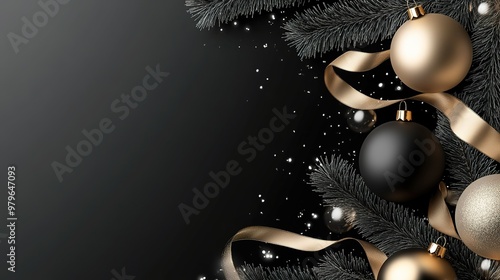 Elegant black and gold Christmas decorations with ribbons and pine branches on a dark background, capturing a festive atmosphere