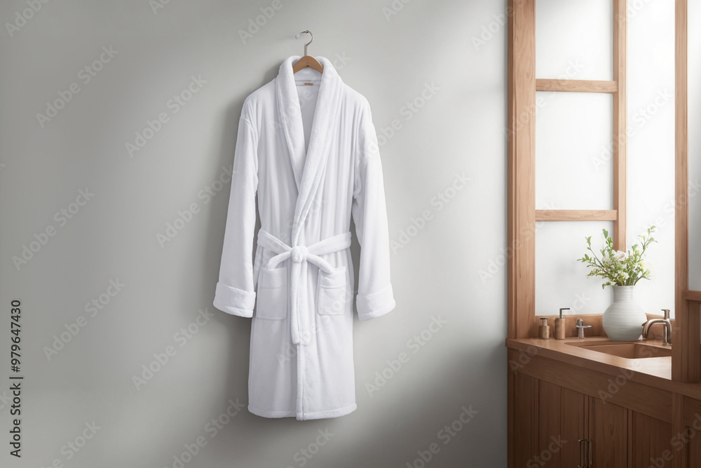 White robe hanging on a wall of a bathroom with clean sink White robe hanging on a wall of a bathroom with clean sink