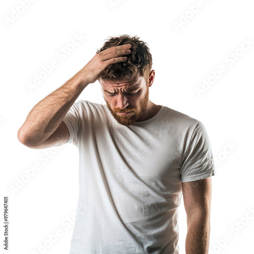 A man standing with one hand on his forehead, eyes closed, and a tear rolling down his cheek, looking defeated isolated on transparency background photo