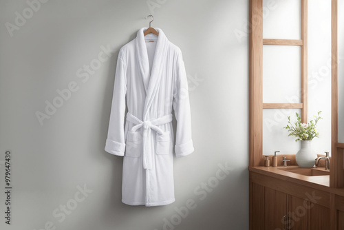 White robe hanging on a wall of a bathroom with clean sink