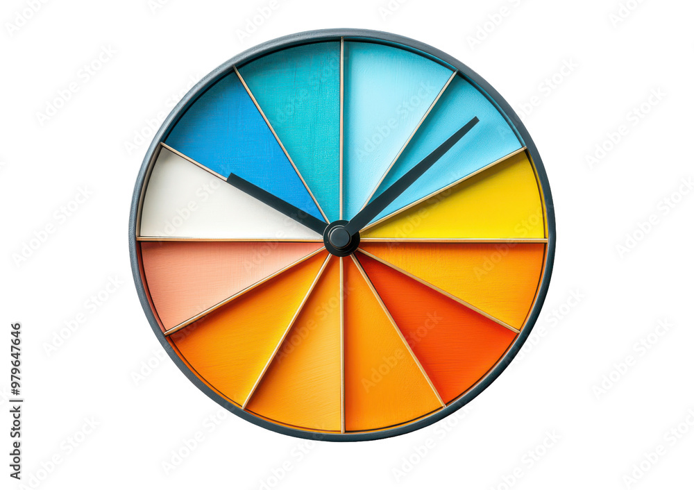 Fototapeta premium Clock design featuring pie chart segments in various colors isolate on transparent background, cutout, png