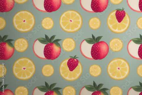 seamless background with fruits and pale, simple colors behind it