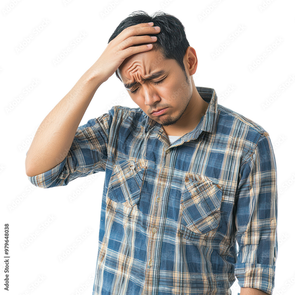 A man standing with one hand on his forehead, eyes closed, and a tear rolling down his cheek, looking defeated isolated on transparency background
