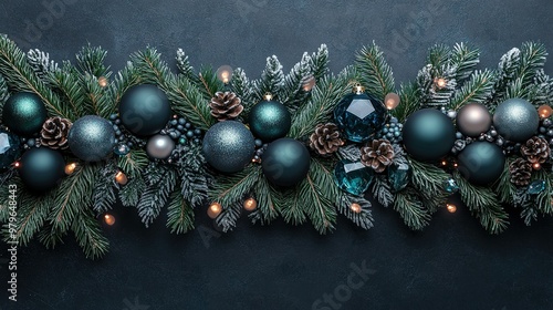 Festive winter centerpiece with dark green ornaments and pinecones on a rich, textured surface during the holiday season photo