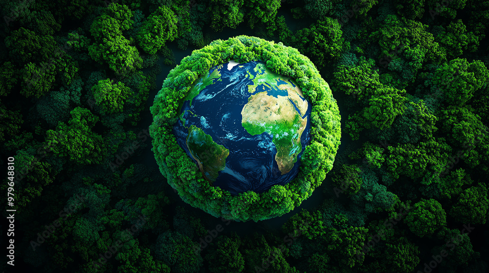 Aerial view of Earth surrounded by lush green foliage, symbolizing environmental protection and the beauty of nature. Aerial view of Earth surrounded by lush green foliage, symbolizing environmental protection and the beauty of nature.
