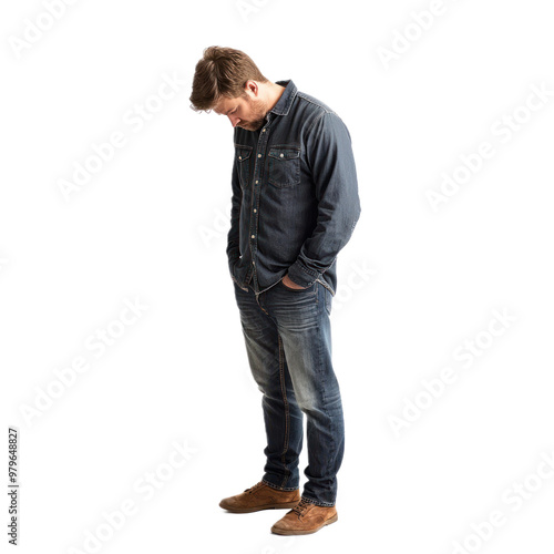 A man standing with slumped shoulders and hands in pockets, looking down with a forlorn expression isolated on transparency background
