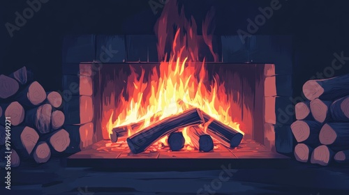 Burning Firewood Logs In Open Fireplace Realistic Log Fire Wood Burning Flame photo