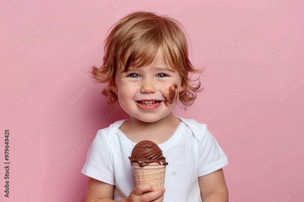 A child experiences bliss with an ice cream cone. Radiant and adorable girl vivid sparkles her blue eyes smiles widely. Young childhood symbolizes radiant dawn of life's journey. A child experiences bliss with an ice cream cone. Radiant and adorable girl vivid sparkles her blue eyes smiles widely. Young childhood symbolizes radiant dawn of life's journey.