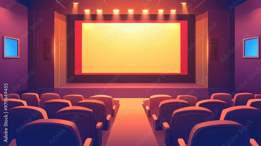 Modern Bright Cinema Theater Lobby Interior With Downlights And Large Tv Screen Modern Bright Cinema Theater Lobby Interior With Downlights And Large Tv Screen