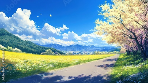 A Winding Road Through a Yellow Wildflower Field with Mountain and Sky Background