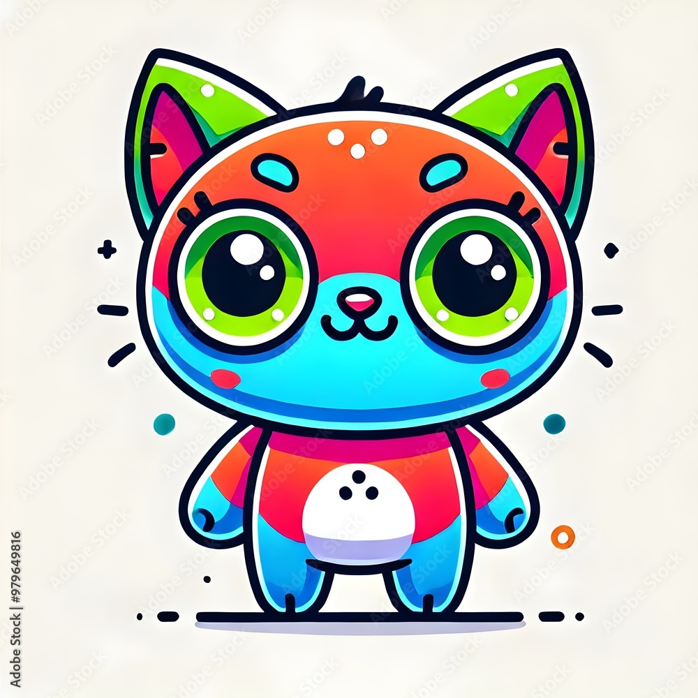 Fototapeta premium Colorful Cartoon Cat with Large Eyes and Round Body