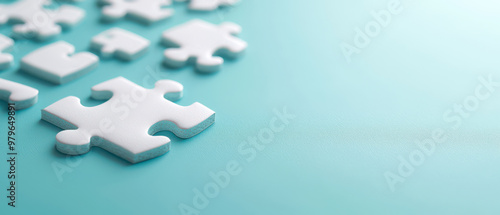 White puzzle pieces on blue background.