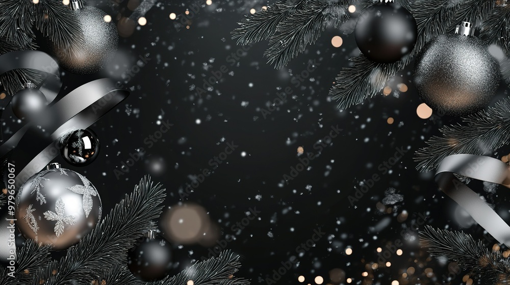 Festive Christmas decorations with silver and black ornaments against a dark background during a snowy winter evening Festive Christmas decorations with silver and black ornaments against a dark background during a snowy winter evening