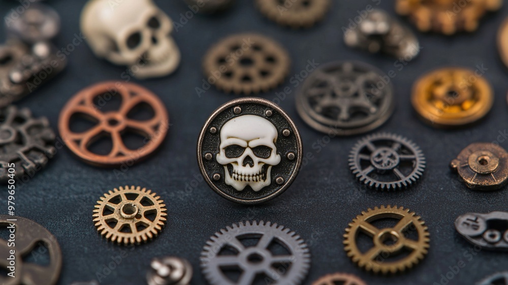 Fototapeta premium Steampunk gears skull metal vintage decorative mechanical accessories craftsmanship retro industrial bronze silver copper design art collection unique embellishments fantasy gothic intricate detailed