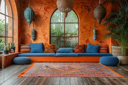 A room with a blue couch and orange pillows