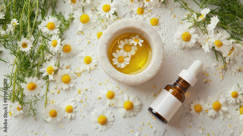 chamomile essential oil. Selective focus chamomile essential oil. Selective focus